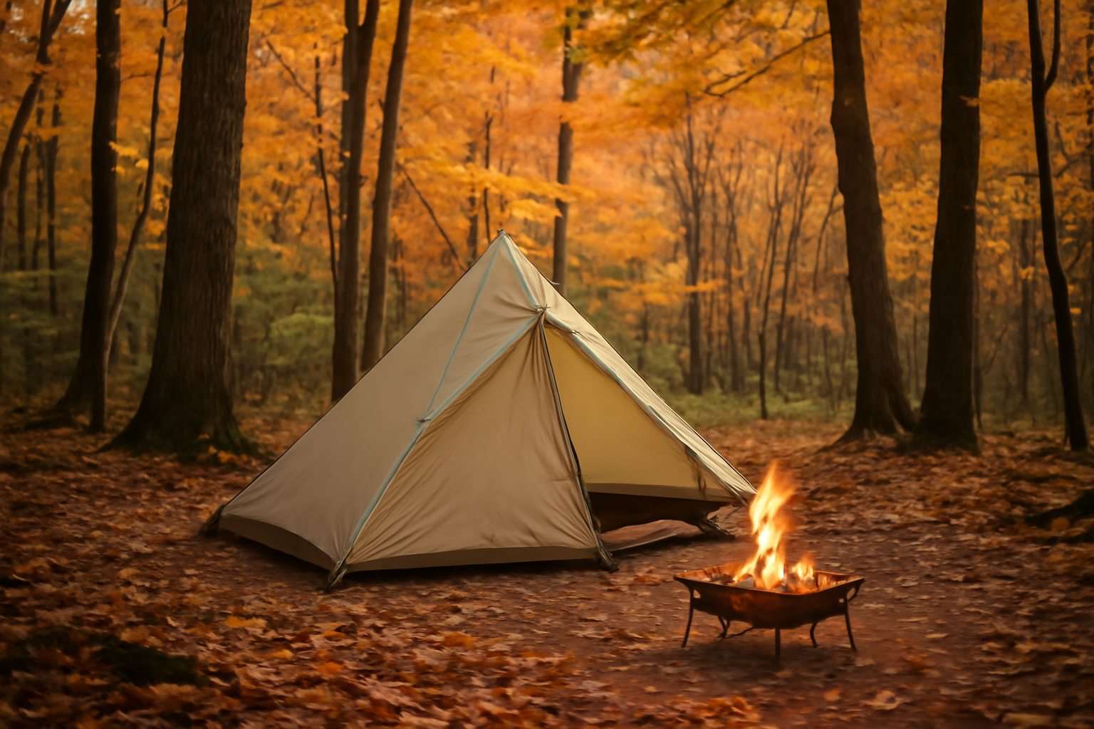 秋の林間で張られた軽量テントと小さな焚き火台