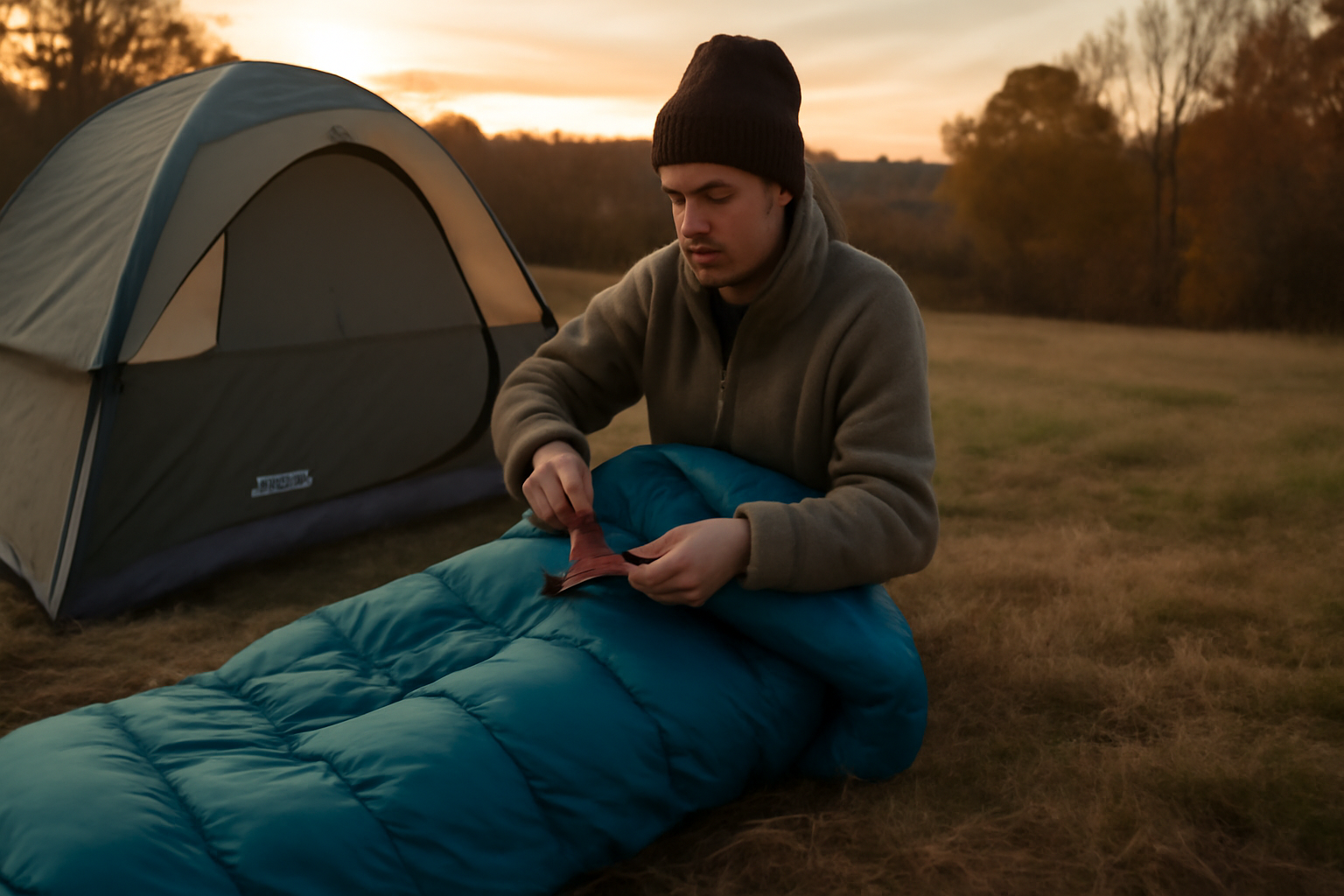 コールマン寝袋で近場テストする週末の様子、夕暮れと柔らかな光で穏やかな雰囲気を伝える写真
