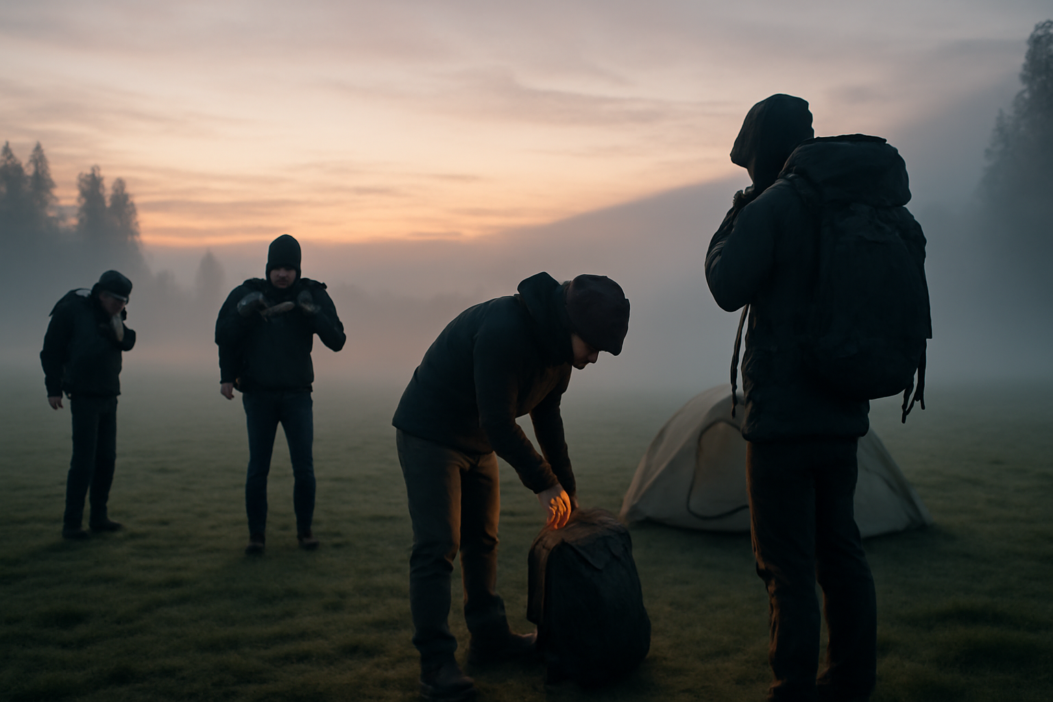 ふもとっぱらで朝を迎えるハイカーが手ぶらで出発準備をする、薄曇りの静かな朝の風景