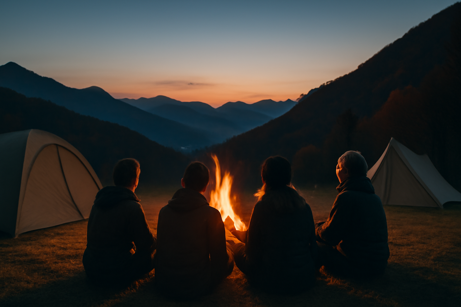 フィールアースの苗場での締めくくり。夜の焚き火を前に次の行動を考える参加者の背中と秋の山並みを広角で捉えた写真イメージ。