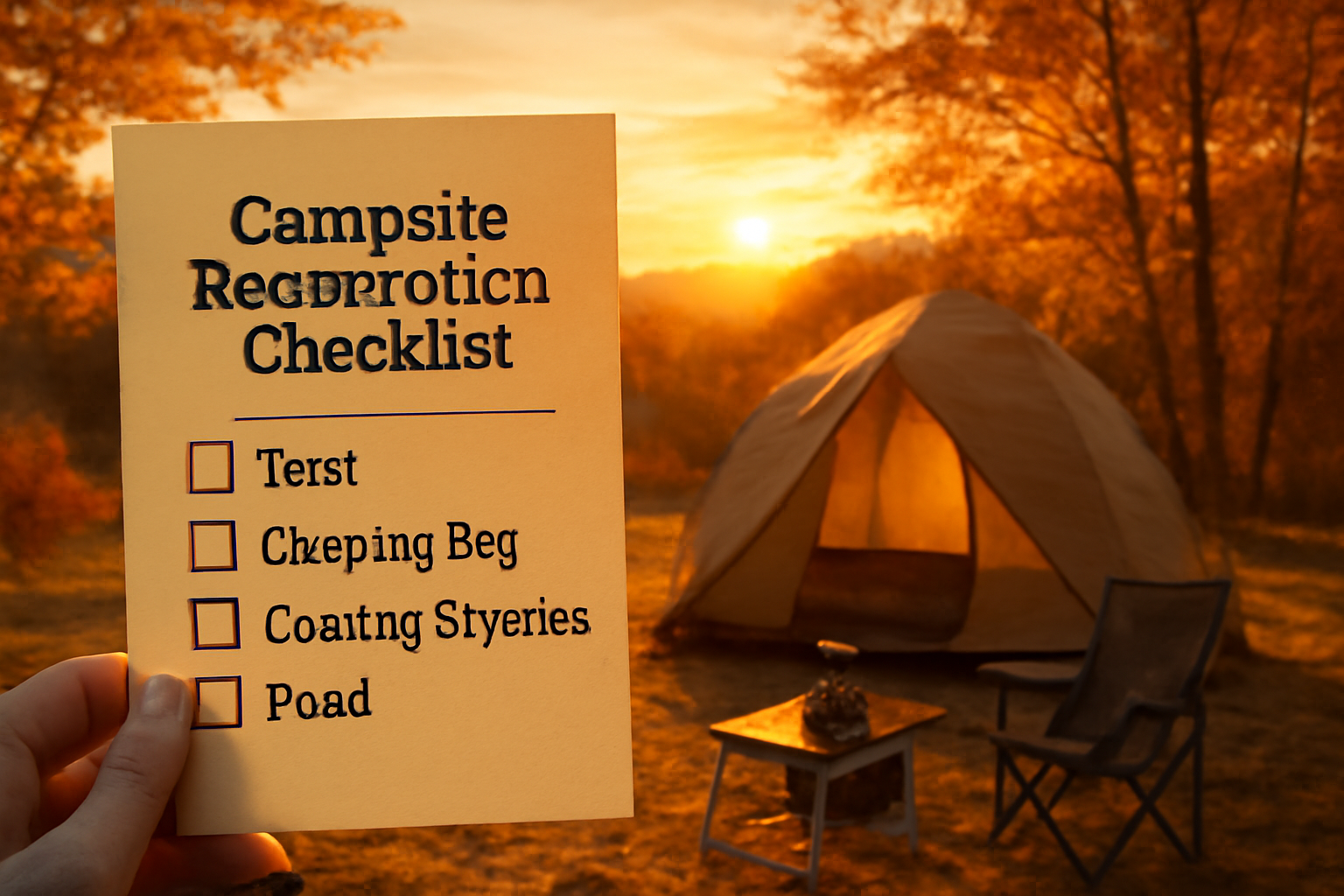 夷王山キャンプの次回予約を促す夕暮れのサイト、予約チェックリストを想起する構図と暖色の光