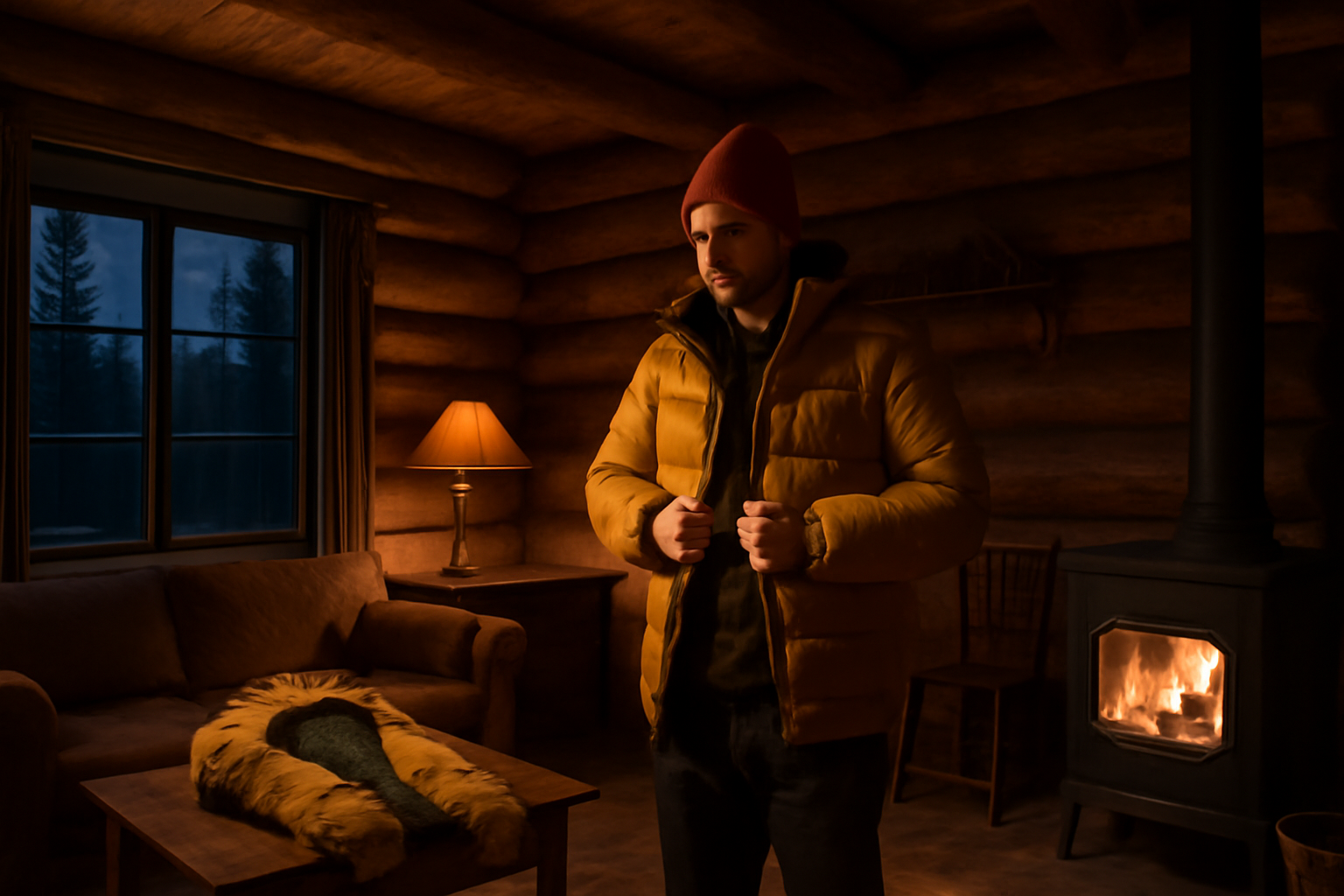ナンガ秋冬新作を試着して購入を検討する様子を想起させる、冬の山小屋の夕暮れで試着する温かな情景の写真
