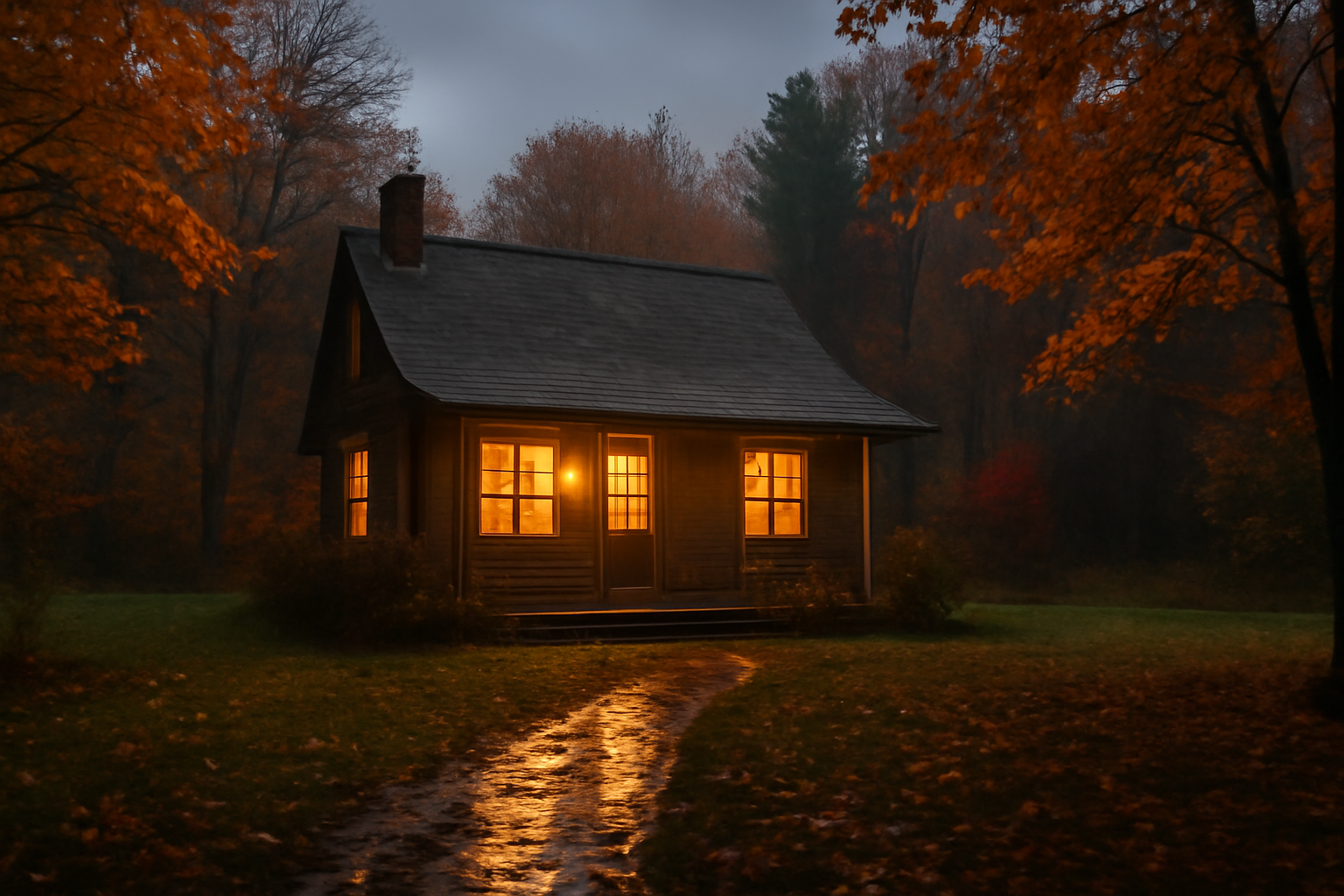 牛タンBBQキャンプ飯 天候を見てコテージに切替えほっとする秋の夕景を広角で撮影した写真