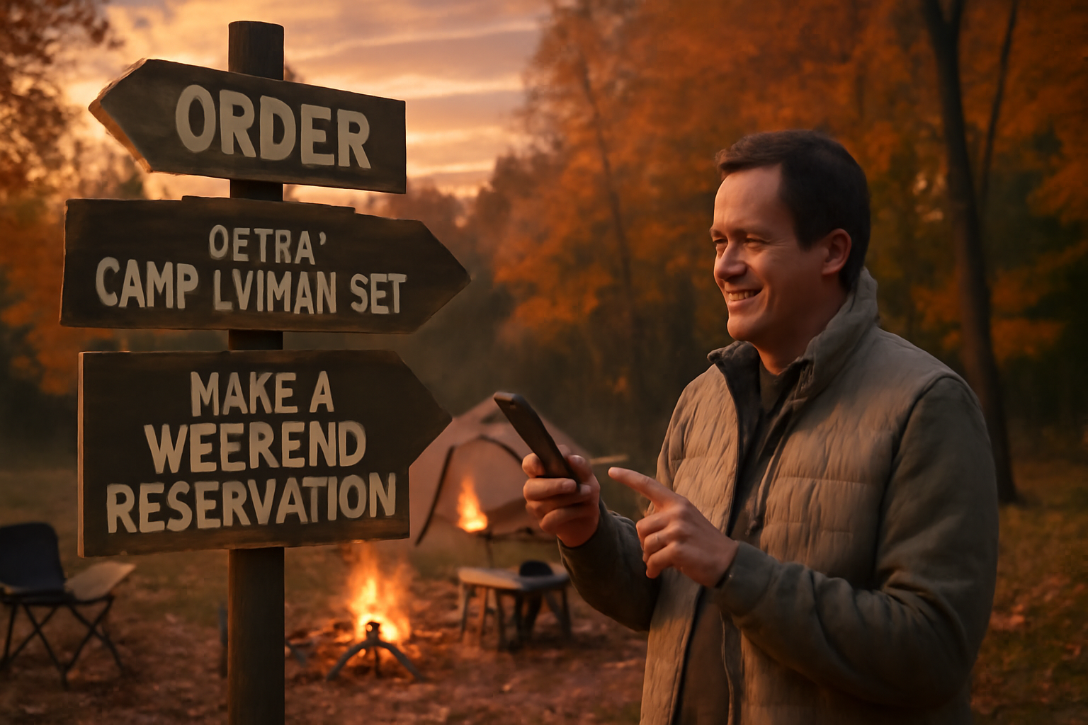 キャンプ牛タンの増量セットを注文して週末の予約をする行動を促す、秋のキャンプ場での安心した表情と準備風景のリアルな描写