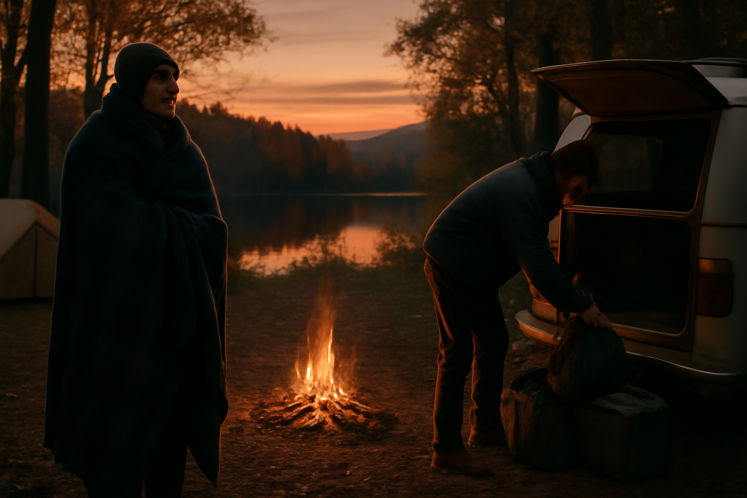 着るブランケットで暖を取る夜の準備風景、秋のキャンプ場で次の行動に移る一瞬を横長で描写