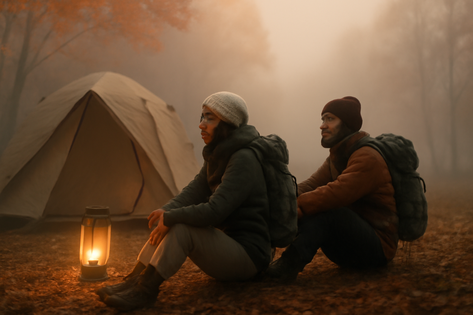ふもとっぱら歩く旅で到着後に一息つく様子を夕方の霧と暖かなランタン光でとらえた写真風イメージ。