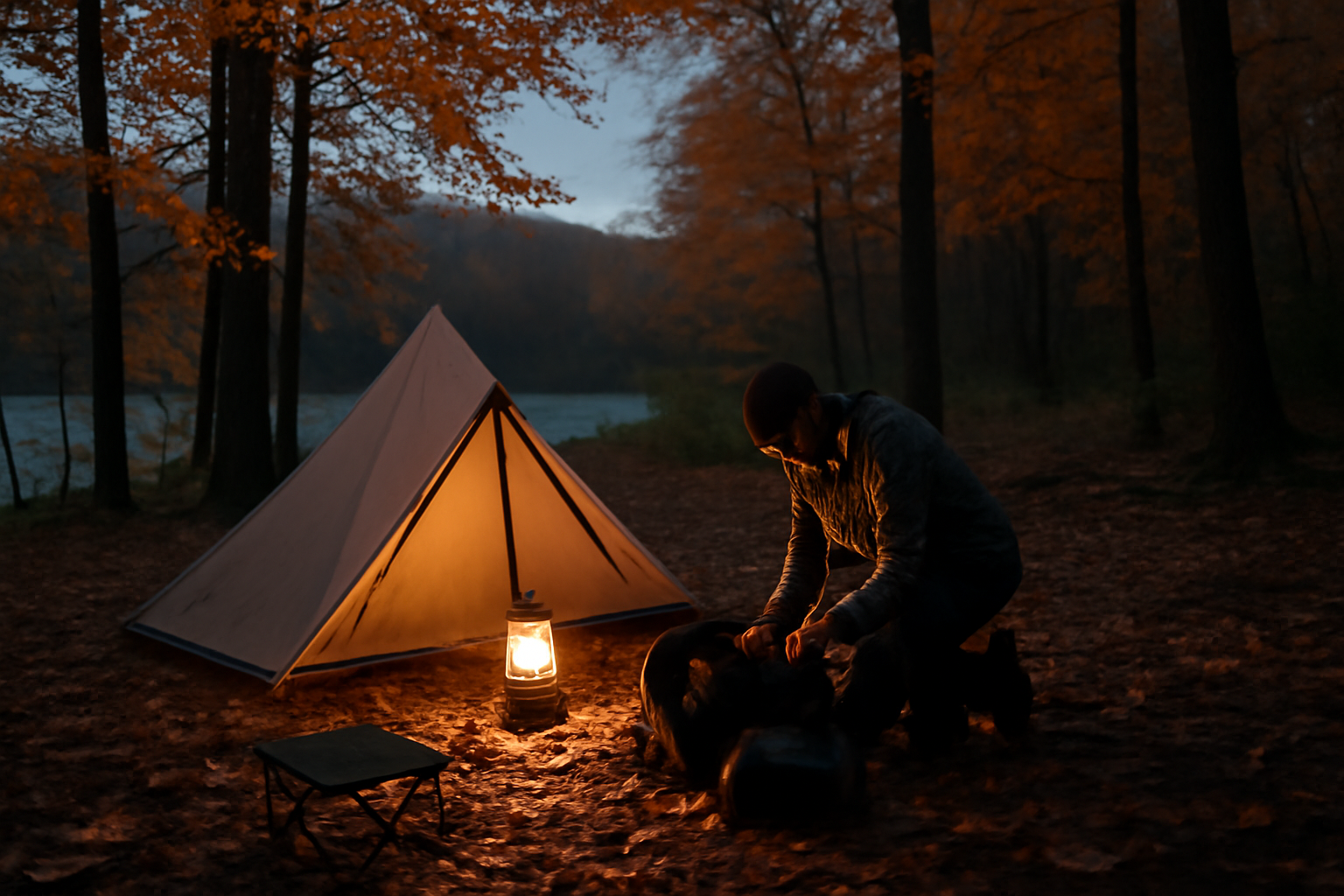 雨キャンプ：秋の森でキャンパーが撤収準備をする夕暮れの情景、温かいランタンの灯りがある風景