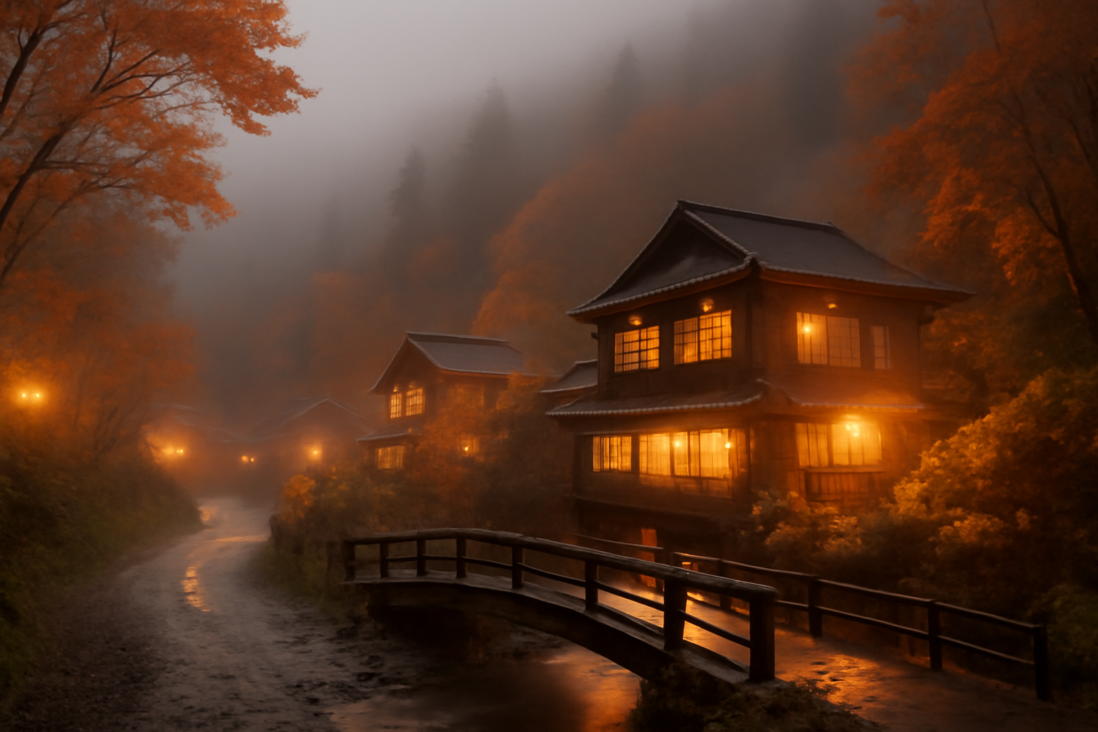 トレッキング靴選び:荒天時は温泉や宿で切替える提案を視覚化した夕暮れの温泉地、秋の霧と暖かい灯りの風景