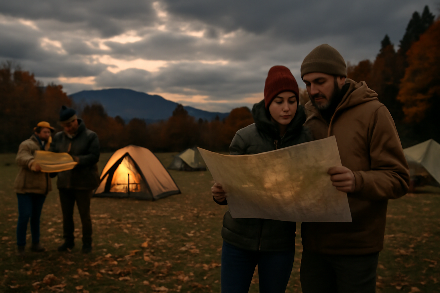 ALPSアウトドア:晩秋のキャンプ地で地図を確認する参加者、曇り空の夕暮れの雰囲気