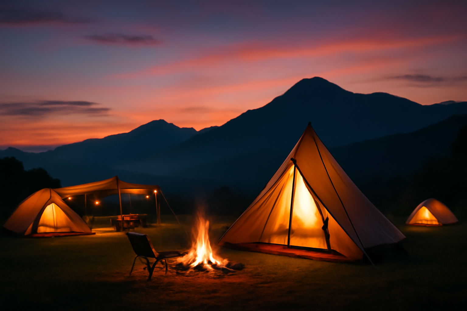 ほぼの駅AKAGI:夕暮れのキャンプ風景を描いた写真。ほぼの駅AKAGIを訪れた後にゆったり焚き火と眺望を楽しむ情景を表現。