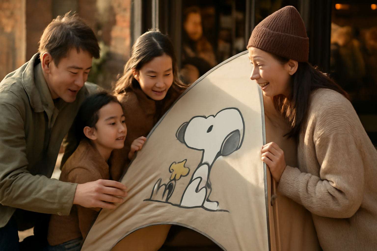 スヌーピーテントを店頭で触っている親子の様子。秋の午後、柔らかい光で実物を確かめる安心感が伝わる写真です。