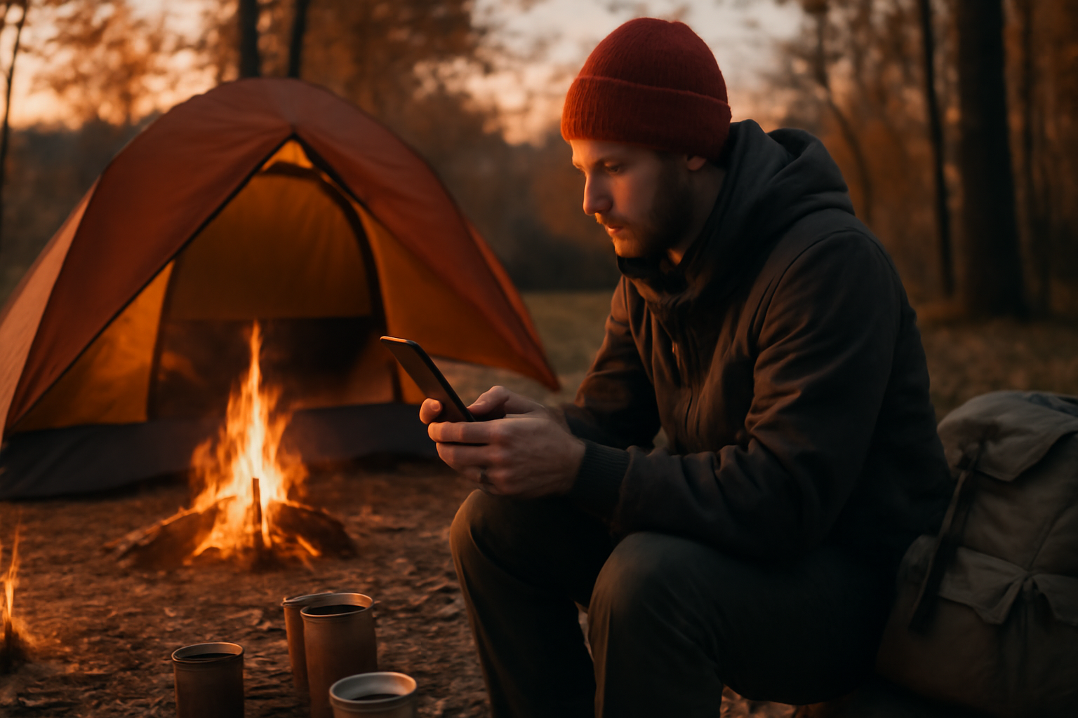 ワークマン激安まとめ:スマホで在庫を確認するキャンパーの夕暮れシーン。買う前にチェックする大切さを表現しています。