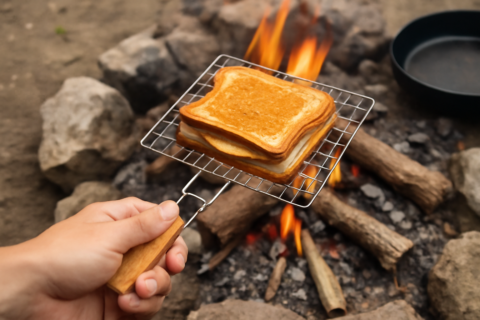 手のひら焼き網で作る簡単キャンプ料理のイメージ