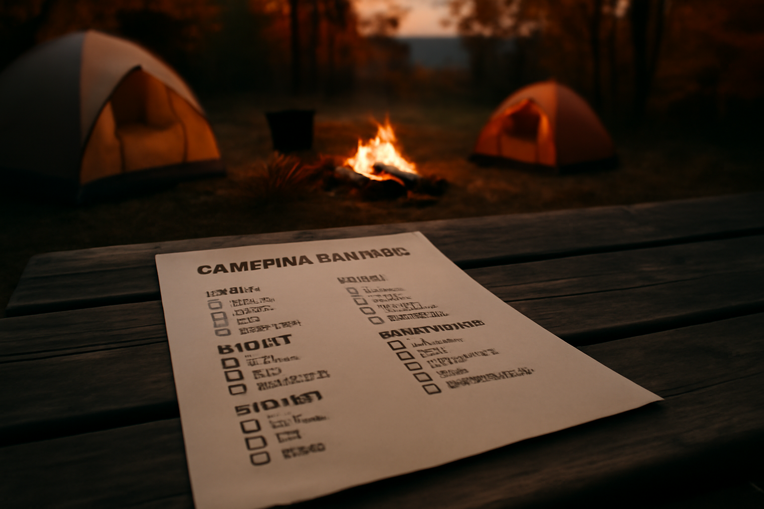 プライム感謝祭に備えたチェックリストをテーブルに広げた夕暮れのキャンプ場の様子、秋の薄曇りで柔らかな光