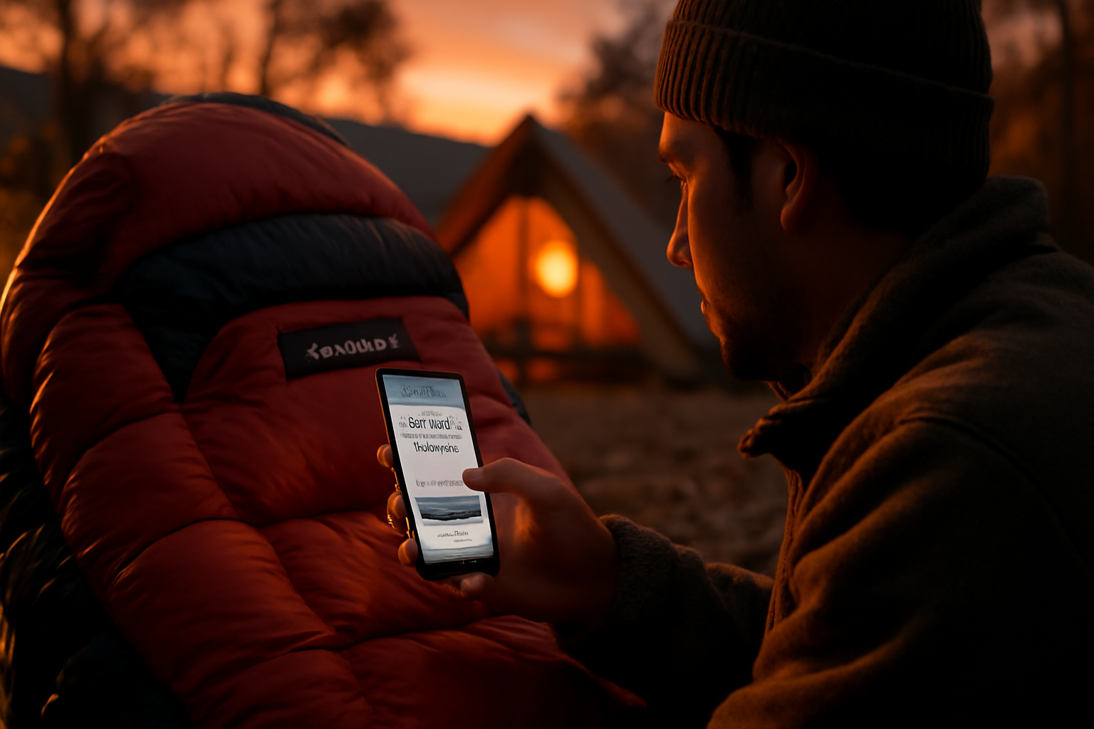 NANGA別注寝袋 在庫が気になる人が夕暮れのキャンプ場で公式と店頭を確認するイメージ写真