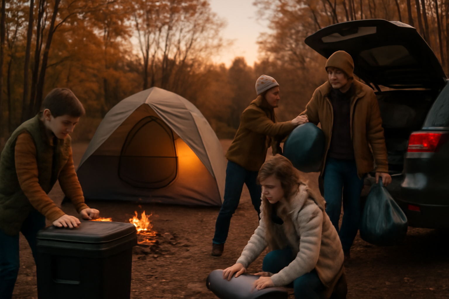 キャンプマナーを再確認して次の週末に実践する家族、夕暮れのキャンプサイトを広角で捉えた写真