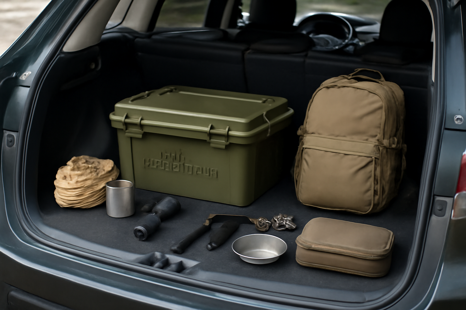 車のトランクに収納されたライトタフパックと整頓されたギア