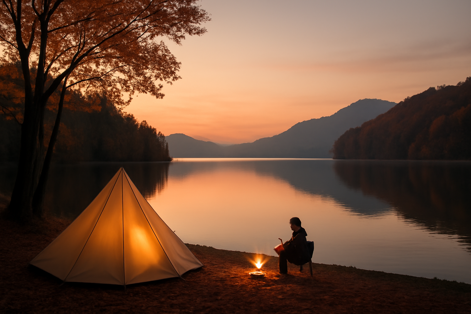 スノーピーク成長策を踏まえた次の行動へと踏み出す気持ちを描く秋の湖畔夕景、穏やかな明かりと人影