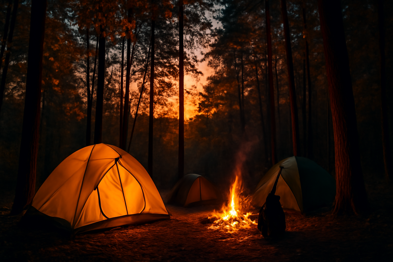 オロフレキャンプでの次の行動を促す情景、秋の夕暮れにテントが並ぶ静かな風景を表現
