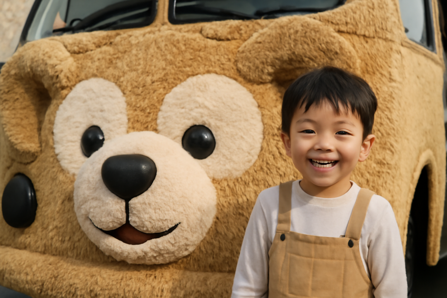 ダッフィーバスの車体を寄りで撮影した写真、子どもと一緒に写せる構図