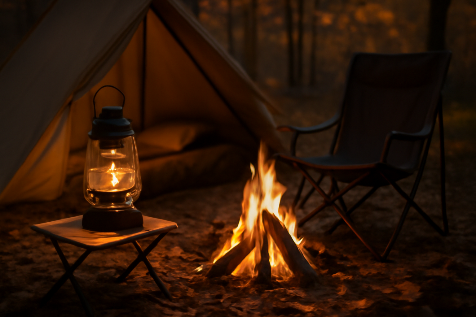 アラジンポカを検討する読者に向けたイメージ。先行販売をチェックしてお得に手に入れる次の行動を促す秋の夕方のキャンプ風景を表現した写真