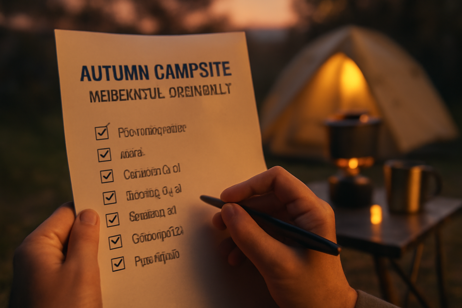 サクッとキャンぷら祭：サイト予約と道具チェックを促す夕暮れのキャンプ準備風景を表現した写真です。次の行動がわかるイメージ。