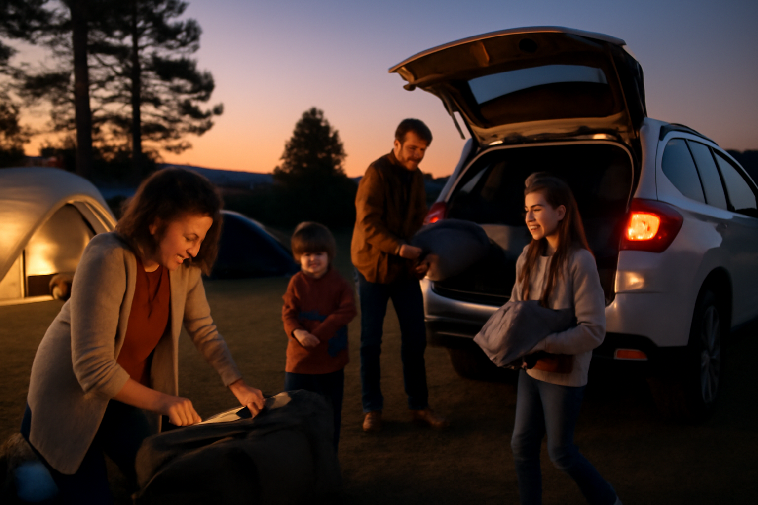 スマホ望遠鏡活用術：次の週末に小さなアダプターを持って試すために荷物をまとめる家族の夕暮れの情景を写した写真