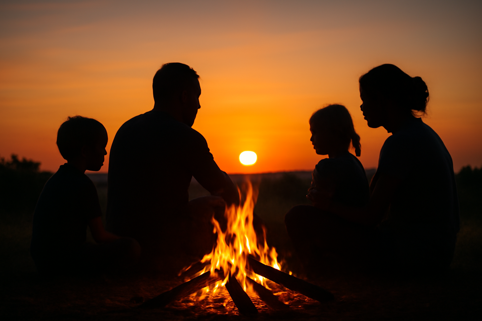 夕暮れの焚き火と家族のシルエット