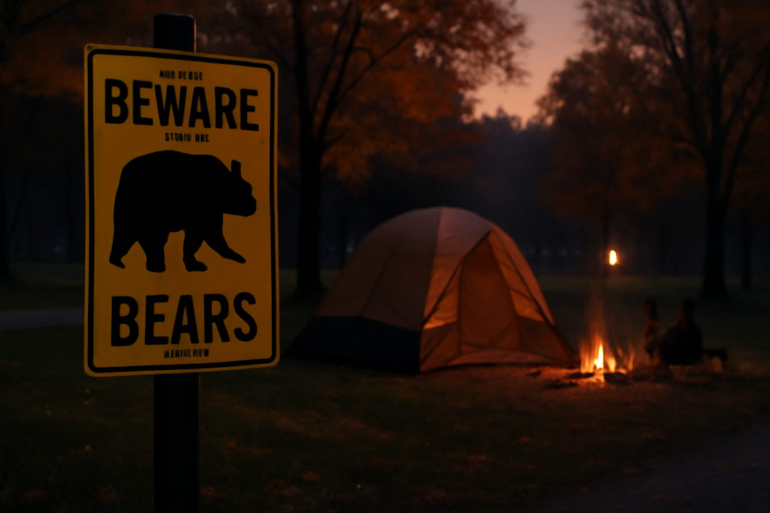 岩見沢クマの注意文を連想させる夕暮れのキャンプ場と安全掲示の情景、注意喚起を表現