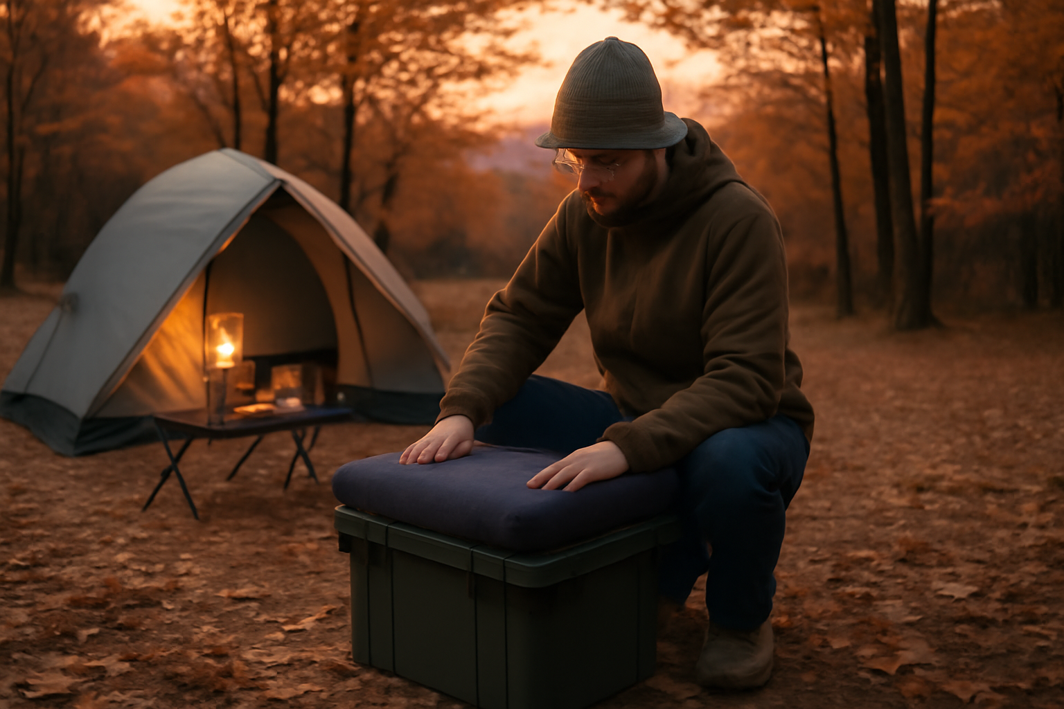 ボックスチェア活用術:次の週末に1000円クッションを試す様子を夕暮れのキャンプ場で撮影したリアルな写真、広角でのびのびした雰囲気。