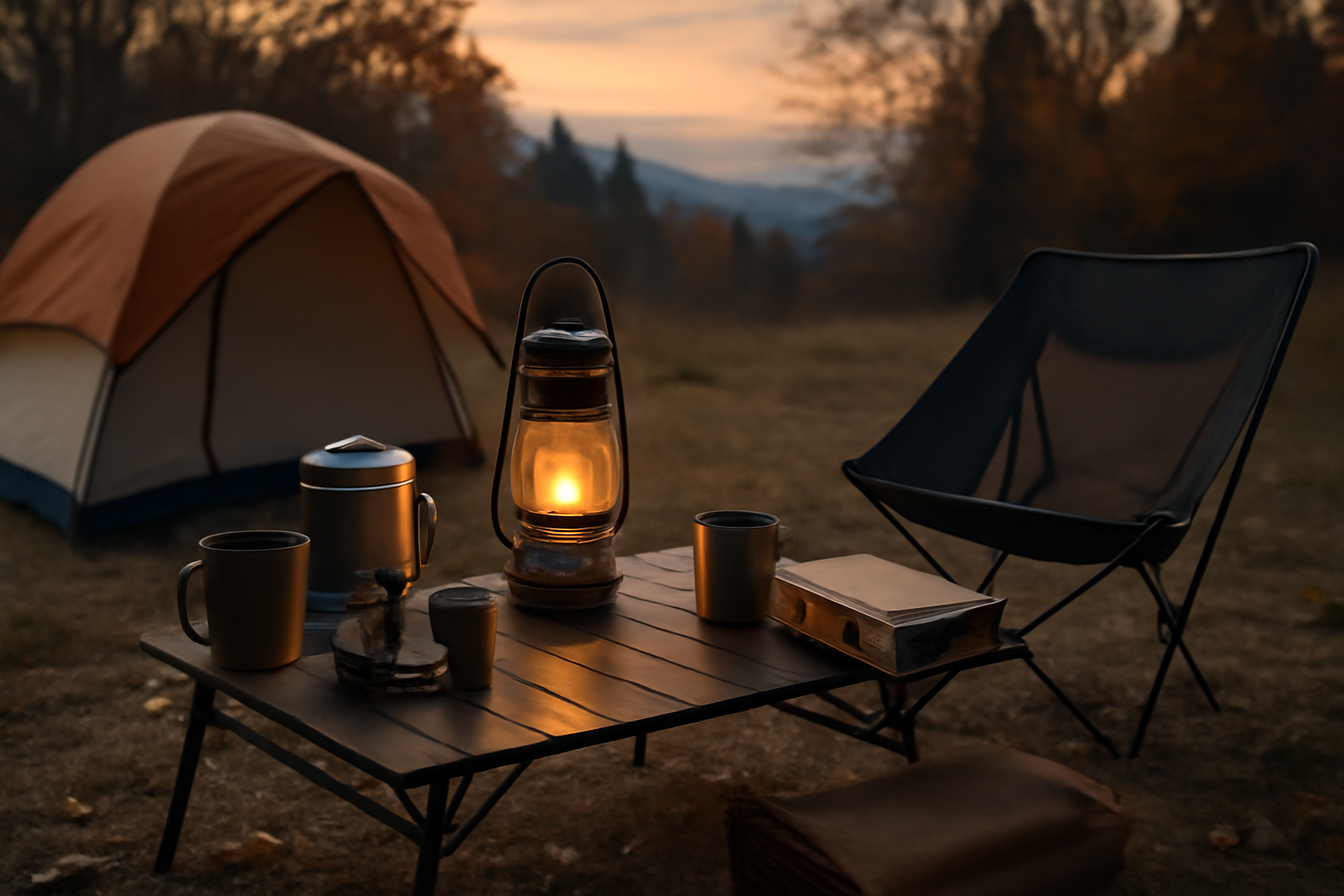パイクスピークセール:秋暮れのキャンプ場でコンパクトなギアが並ぶ風景。テーブル周りの小物やランタンの光が柔らかく映える実写風写真。