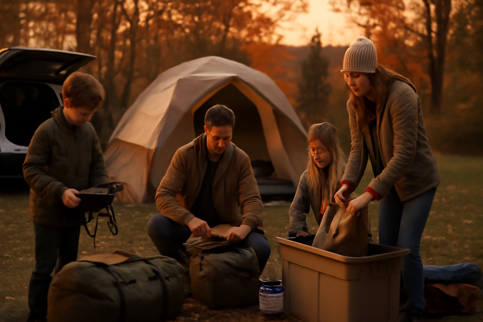 親子キャンプ:撤収準備をする夕暮れのサイト、柔らかな夕光と手際よく片付ける家族の様子を写した写真で穏やかな雰囲気
