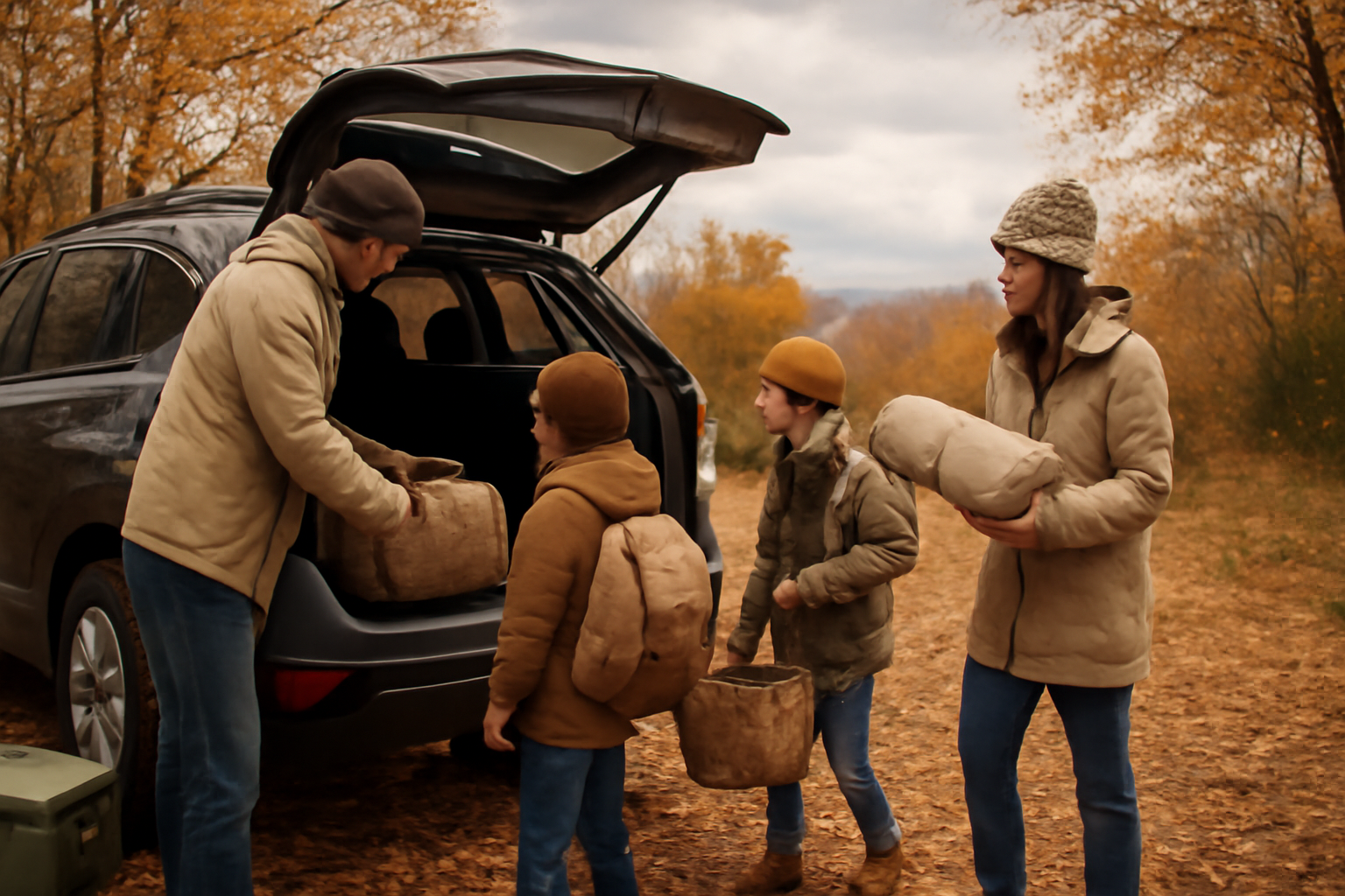 能登島キャンプ 家族が朝に車へ荷物を積む風景を秋の曇り空と広角で捉えたリアルな写真、行動を促す温かい雰囲気