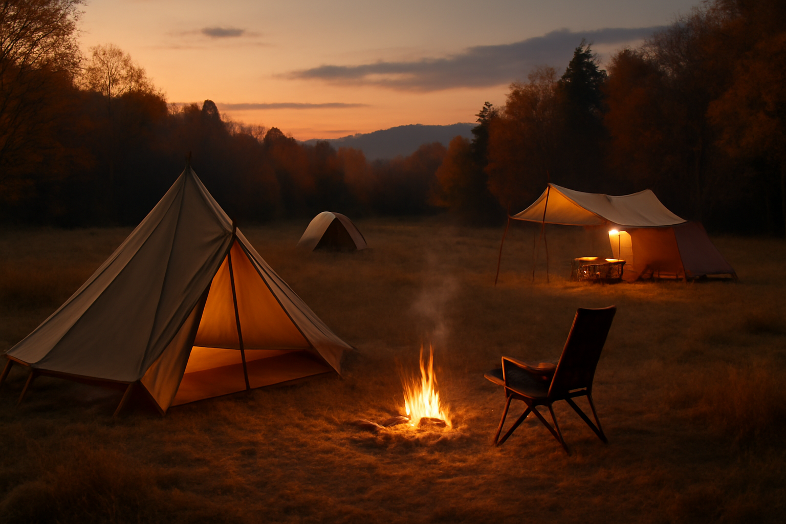 立山山麓アウトドア:夕暮れのキャンプ場を広角で、穏やかな焚き火と暖かな雰囲気を表現した写真
