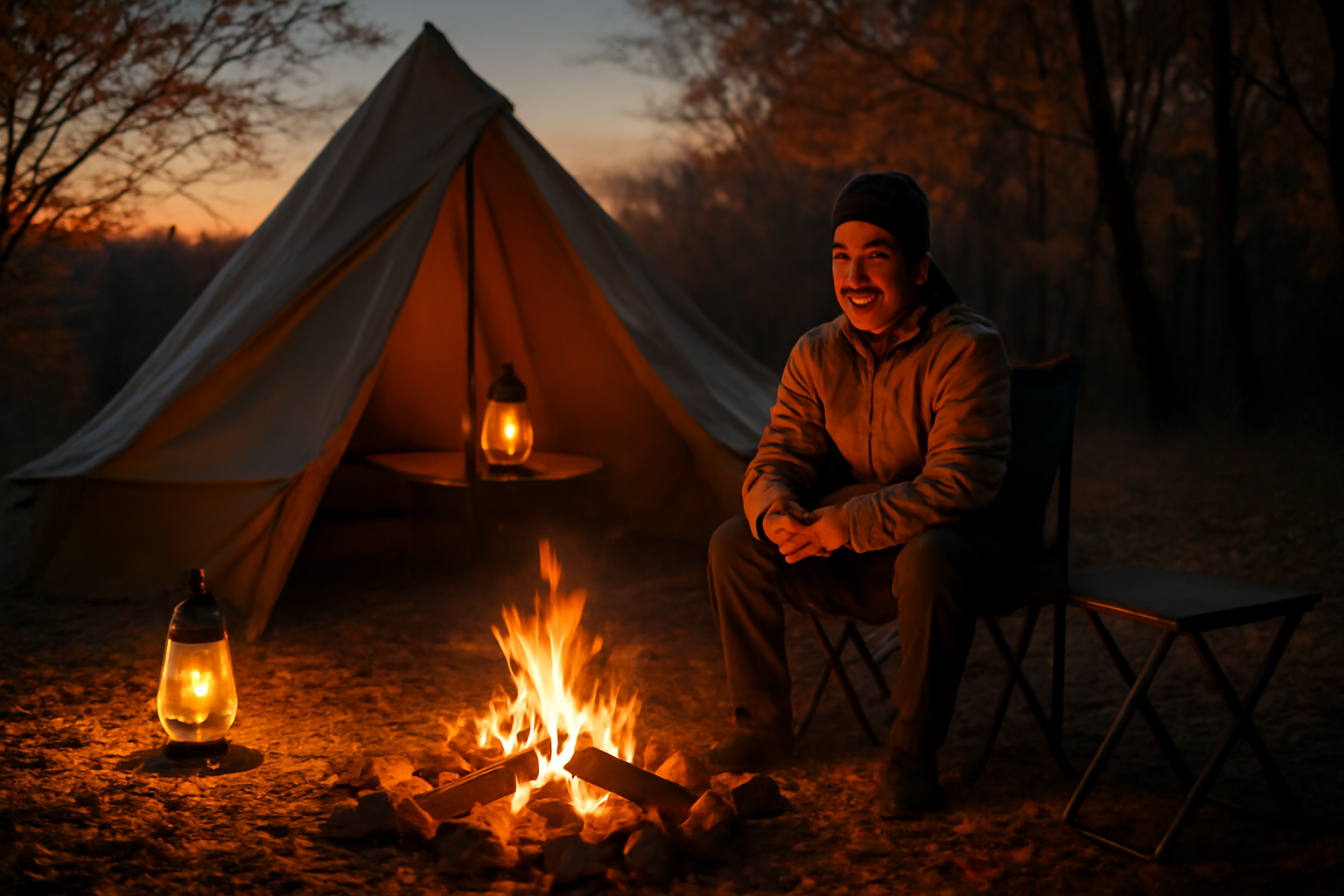 秋キャンプ:夕暮れのランタンに照らされた焚き火と笑顔のキャンパーがいる風景、穏やかな夜の雰囲気