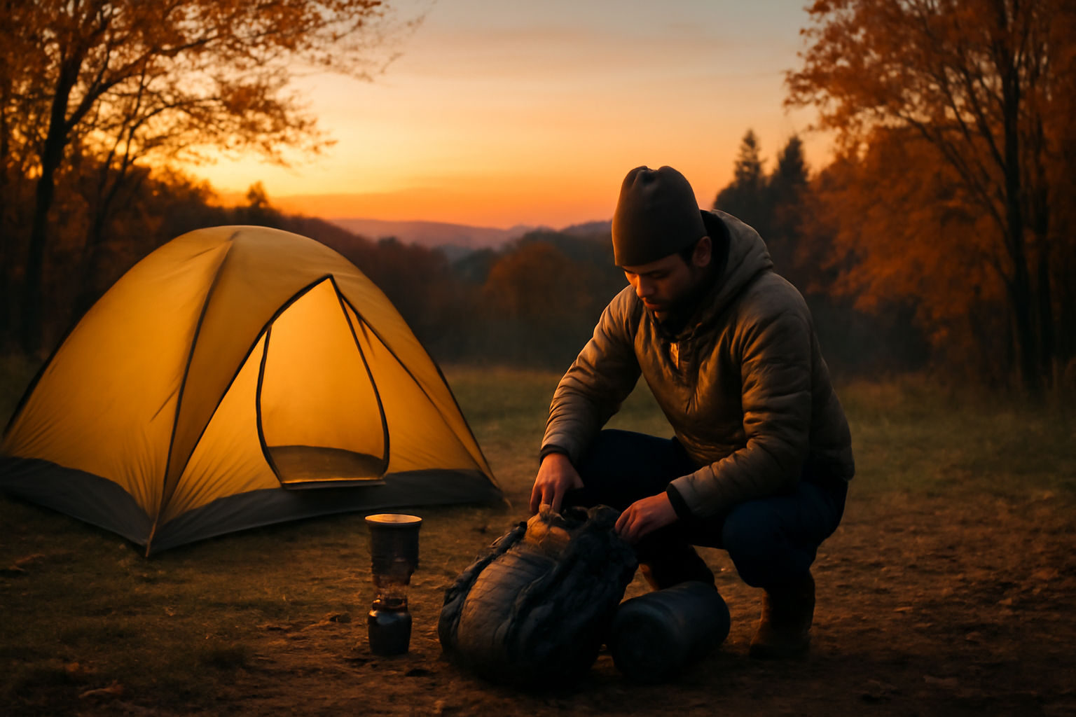 サクッとキャンぷら 次の行動へ促す場面を夕暮れのキャンプ場でギアを整える様子で表現