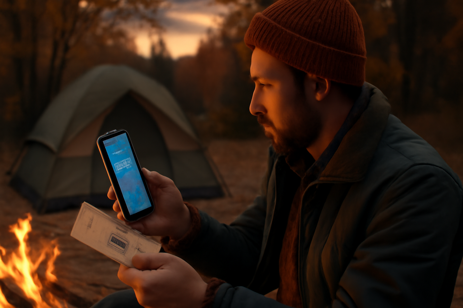 あいづドッグ：出発前に天気とチケットを確認する準備風景。秋の曇り空でチケット確認をする様子を捉えた写真。