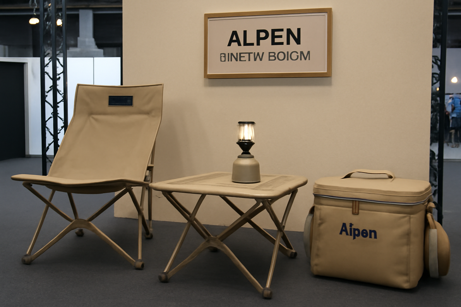 会場で展示されているアルペン限定カラーのチェアとギア