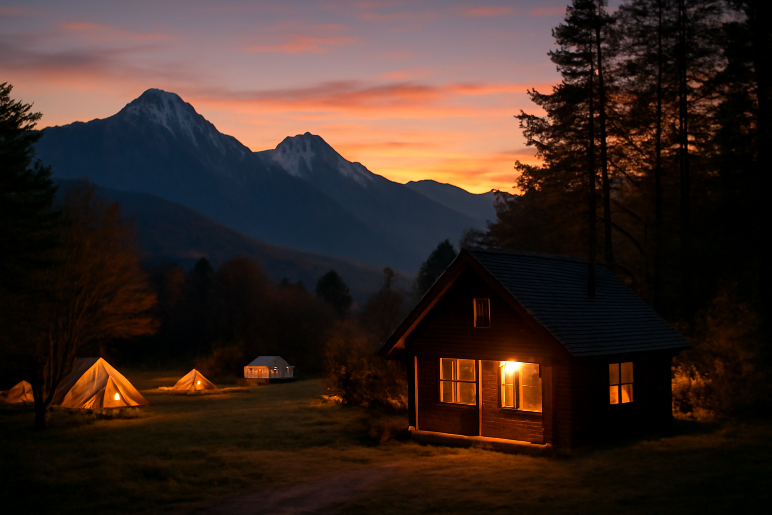 FOLKWOOD 八ヶ岳での秋の夕暮れ、コテージと温かい明かりが見える安全で落ち着いた風景を広角で捉えた写真