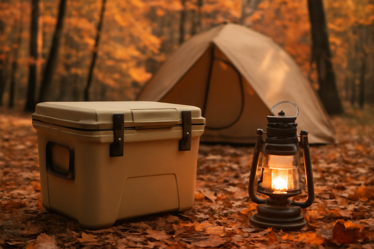 秋キャンプで使うクーラーボックスとランタンのイメージ