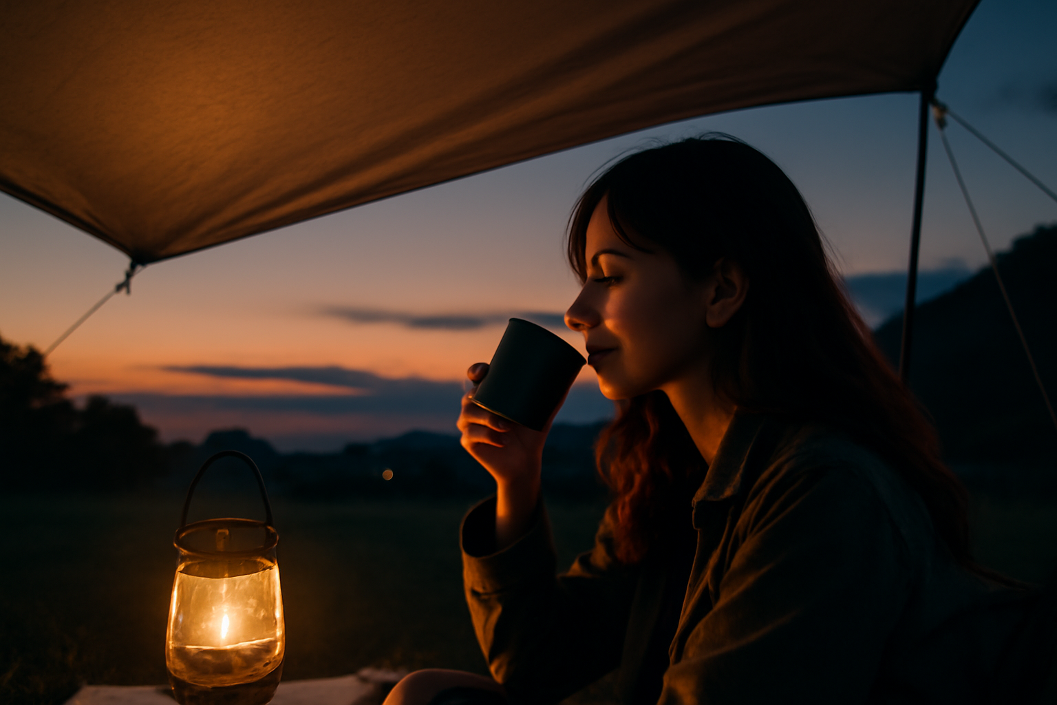 夕暮れのタープ下でひとりコーヒーを飲む女性の横顔