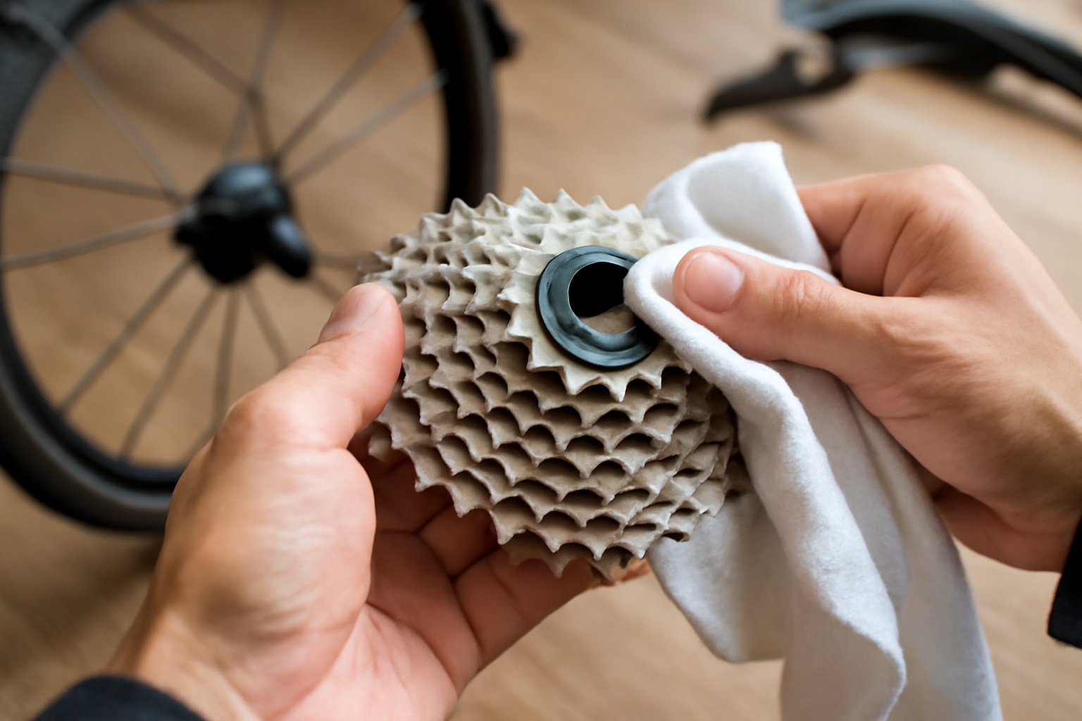 売却前にギアを丁寧に拭く手元、買取前チェックのイメージ