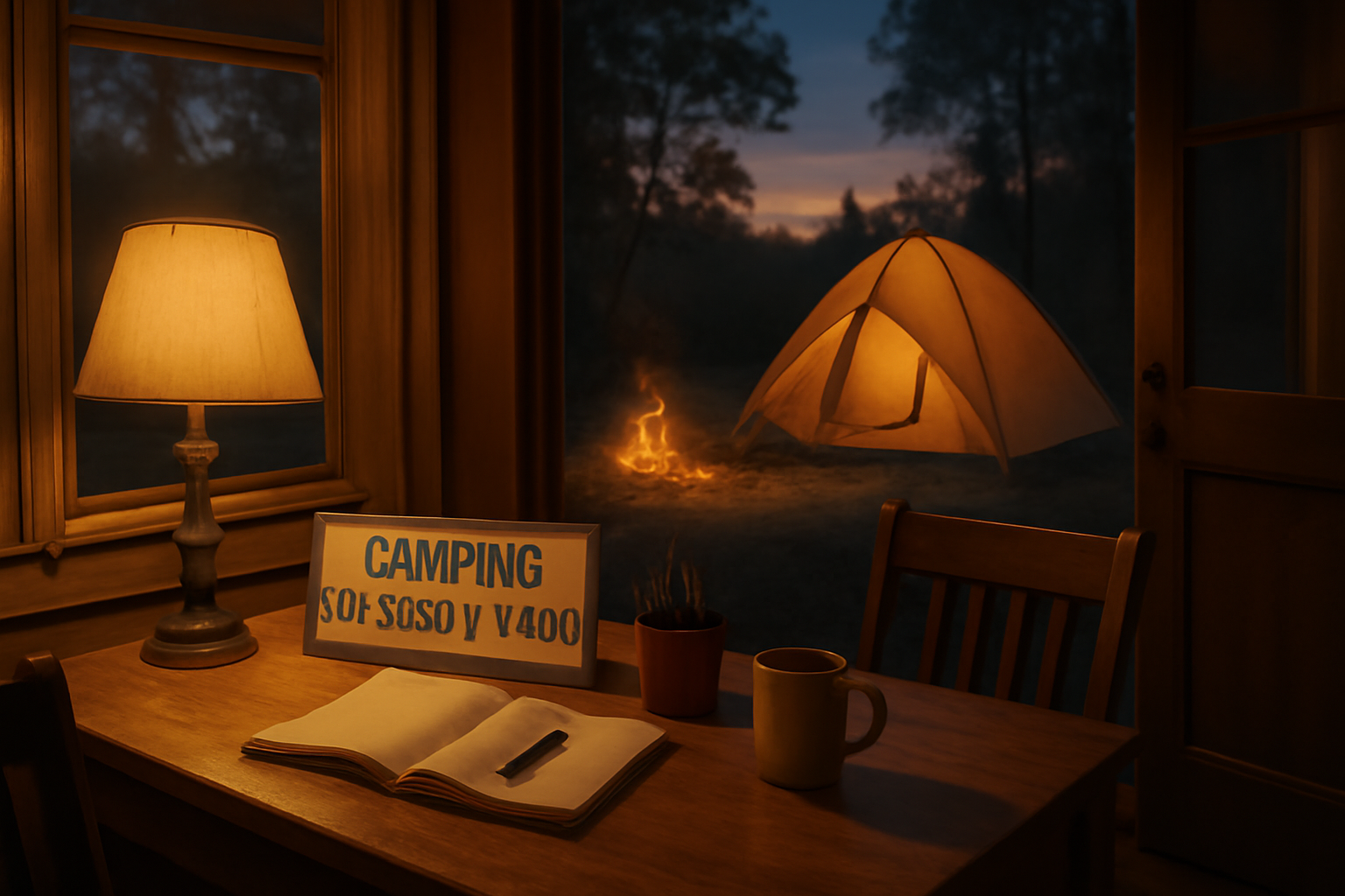 店内テント飯　次のキャンプ予約を促すため夕暮れの焚き火とテントが並ぶ風景の写真