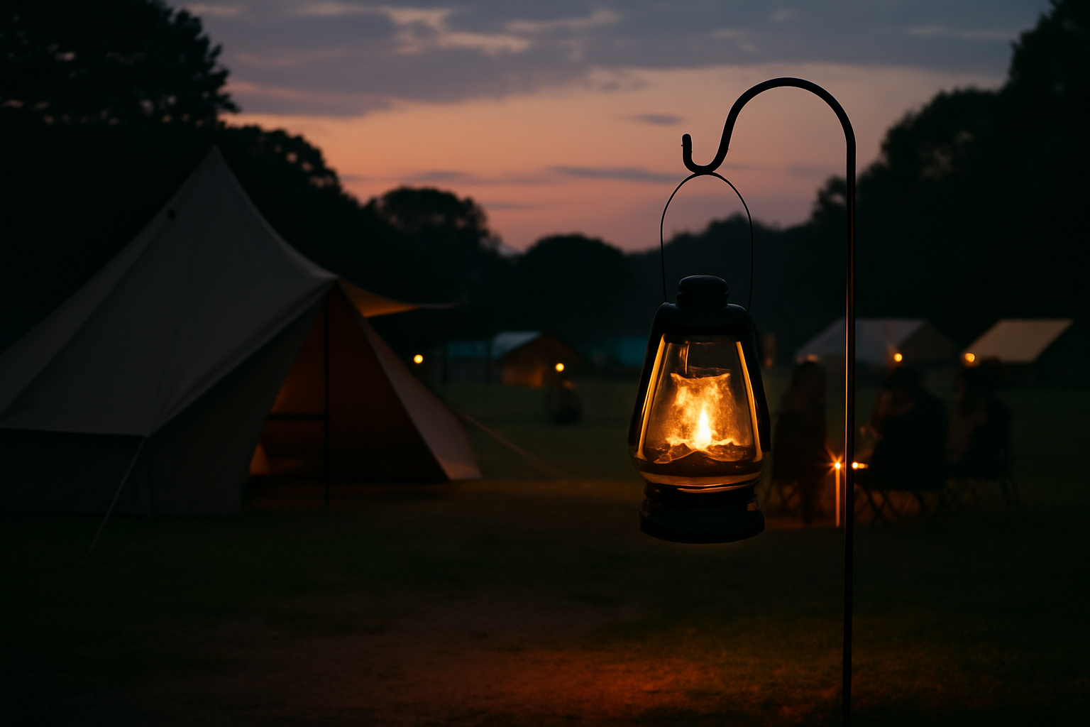 夕方のキャンプサイトとランタン。周囲に人がいる安心感のある風景。