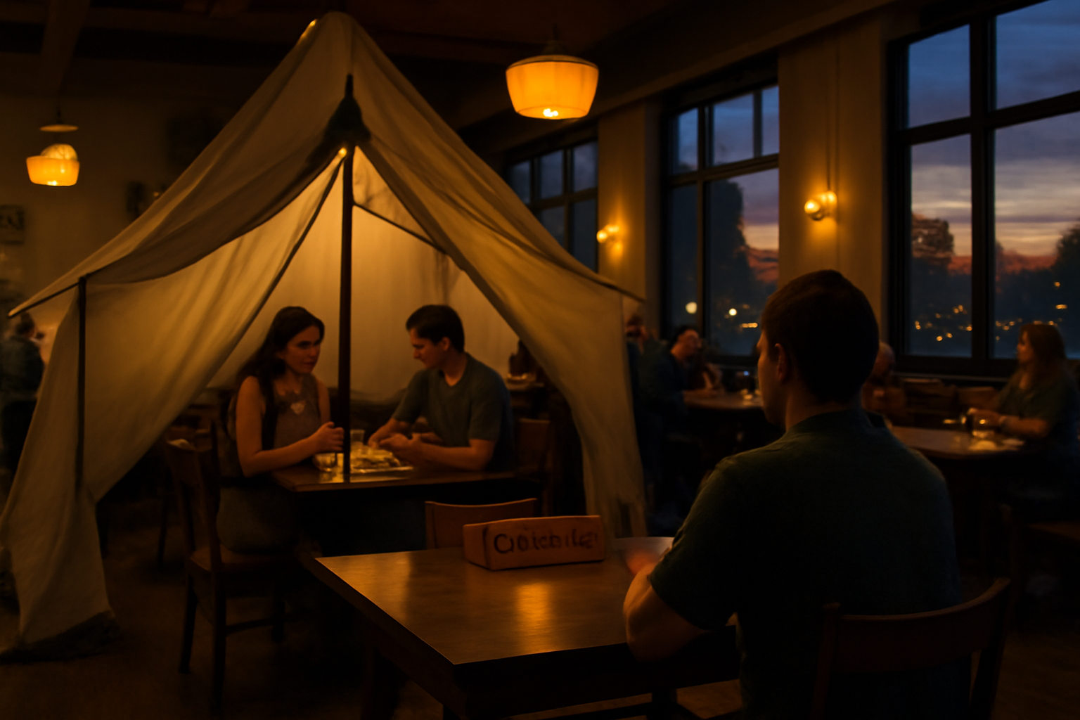 店内テント飯 予約を促す夕暮れの店内テント前で落ち着いて席を選ぶ人々の風景、柔らかい照明が差す