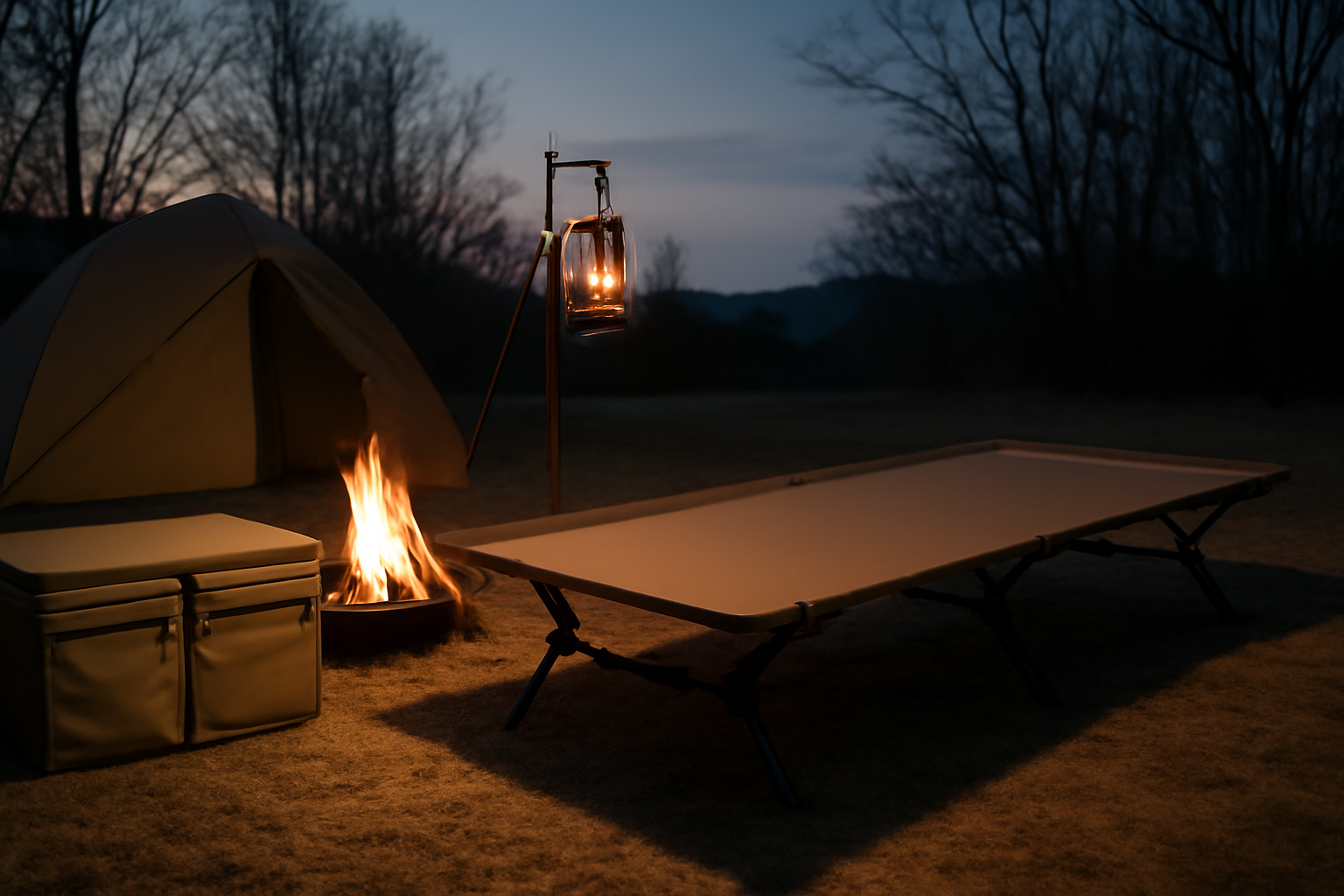 ワイドコット収納術：焚き火で暖まりながらワイドコットの収納を見直す情景を夕暮れに撮影した写真