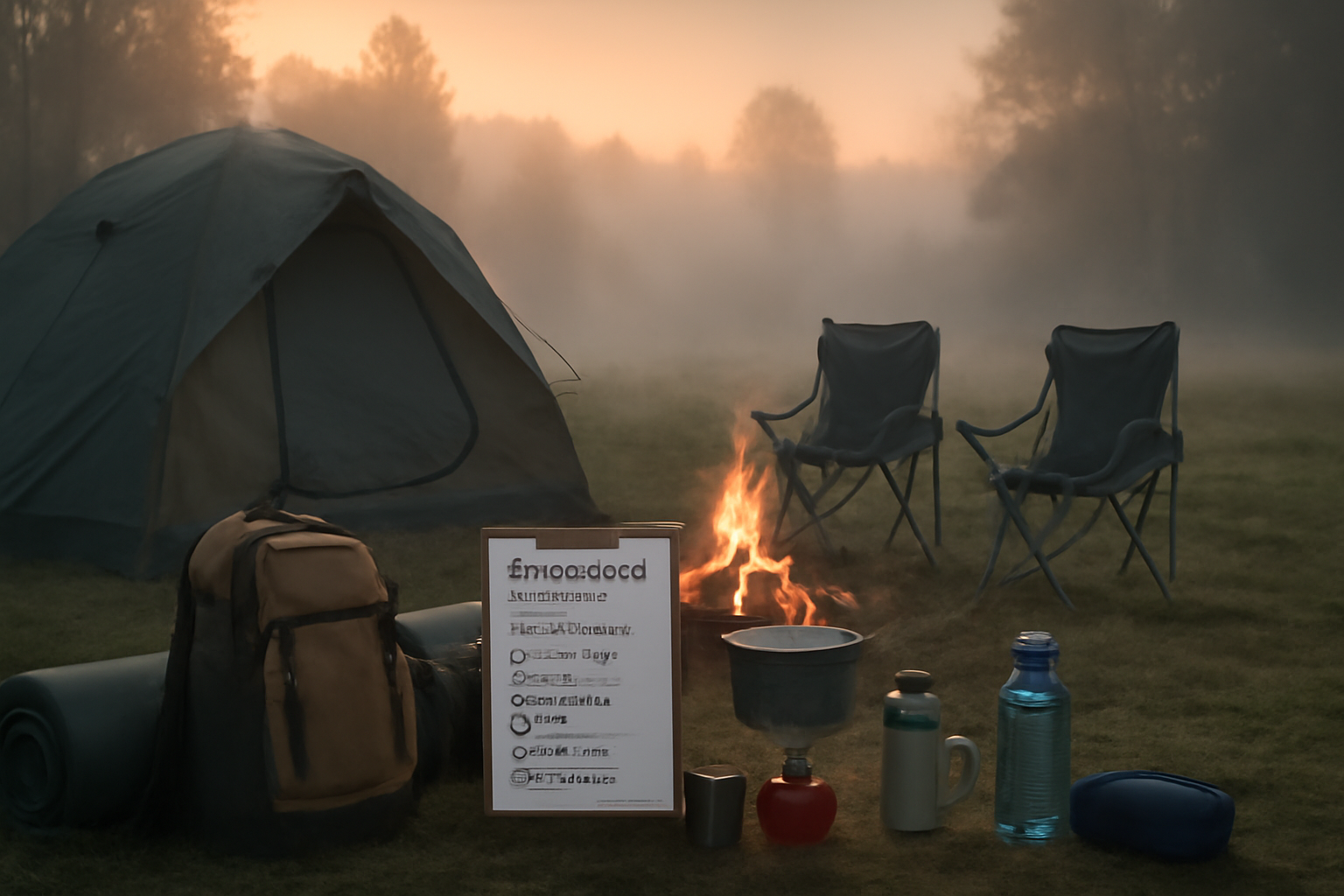 プライム感謝祭速報：在庫をチェックし購入準備をする行動を視覚化した朝のキャンプ場のイメージ写真