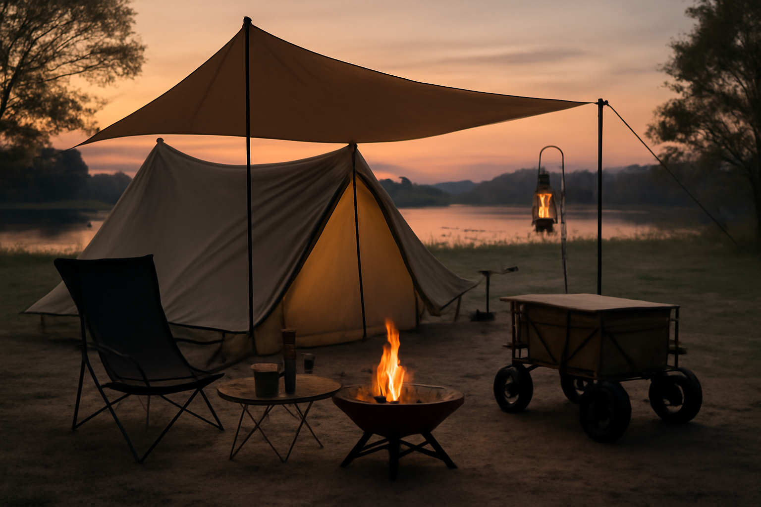 MID×DODホイールで映えるキャンプを促す、夕暮れのキャンプ場で落ち着いた色調と柔らかな光の中に置かれたギアを表現した写真です。