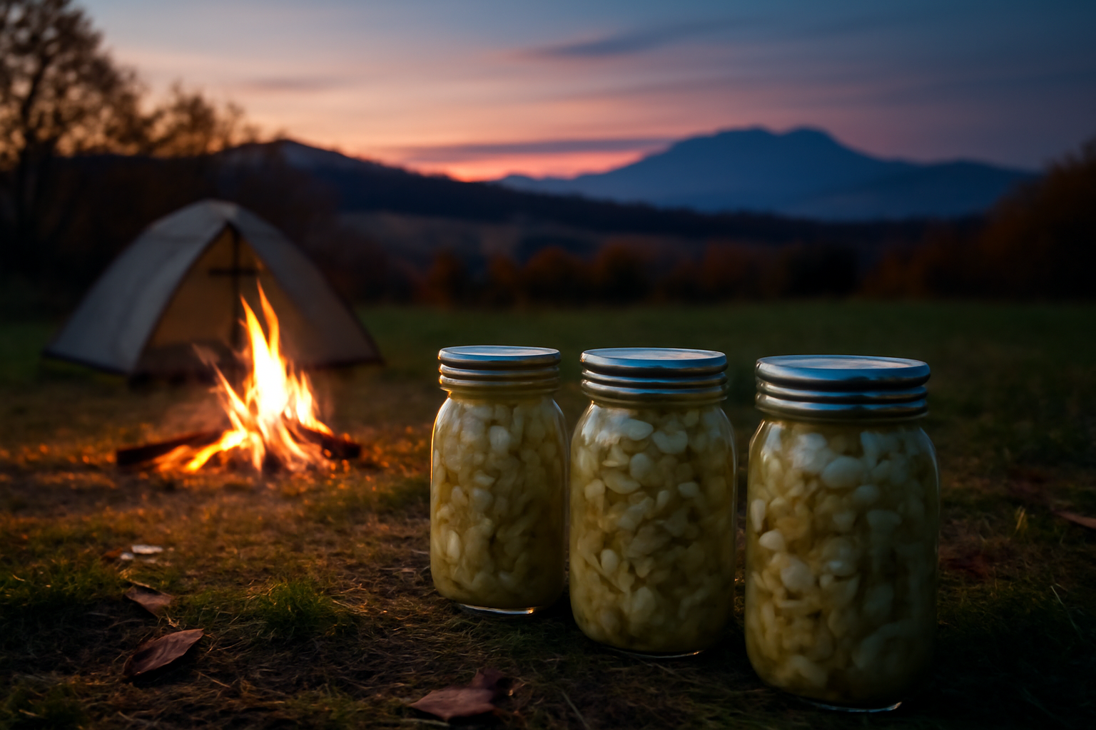 嬬恋キャベツ収穫：保存用の浅漬け瓶を並べた秋のキャンプサイト。夕暮れの焚き火と保存瓶が並ぶ情景を表現。
