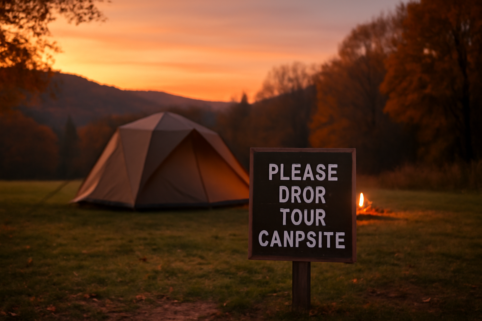 スノーピーク韓国の予約を促す夕暮れキャンプの風景と小さな案内看板、秋の柔らかい光